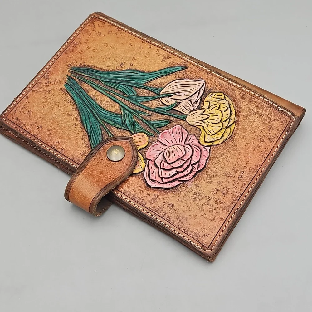 Hand Tooled & Painted Journel Cover Heavy Duty Leather Roses Flowers